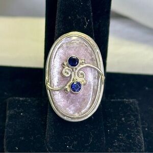 SAJEN Sterling Silver Pink & Navy Blue Stone Scroll Oval Ring; Adjustable